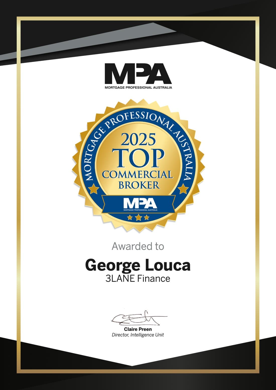 MPA Top Commercial Broker 2025 certificate awarded to George Louca of 3LANE Finance